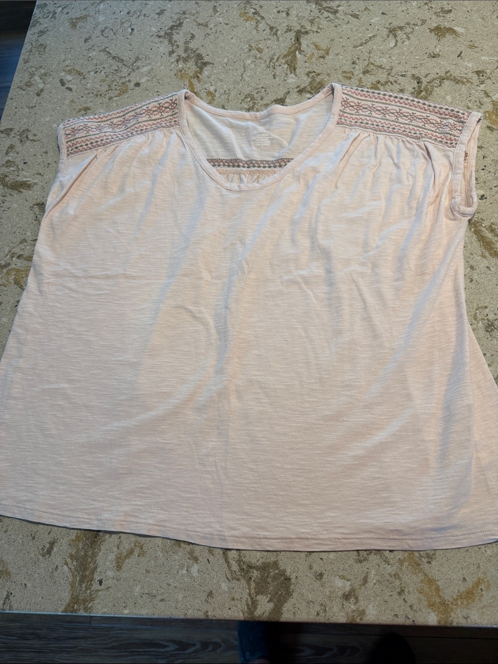 Light Pink Women's Short Sleeve Embroidered Yoke Top